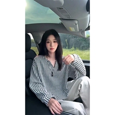 美式高街千鸟格子长袖T恤男女亨利V领英伦雅痞休闲宽松长袖打底衫，男装T恤，电商A486
