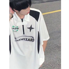 半拉链t恤男polo衫美式复古高街短袖潮牌潮流夏季体恤PL133-P32，男装Polo衫，星座1008-2