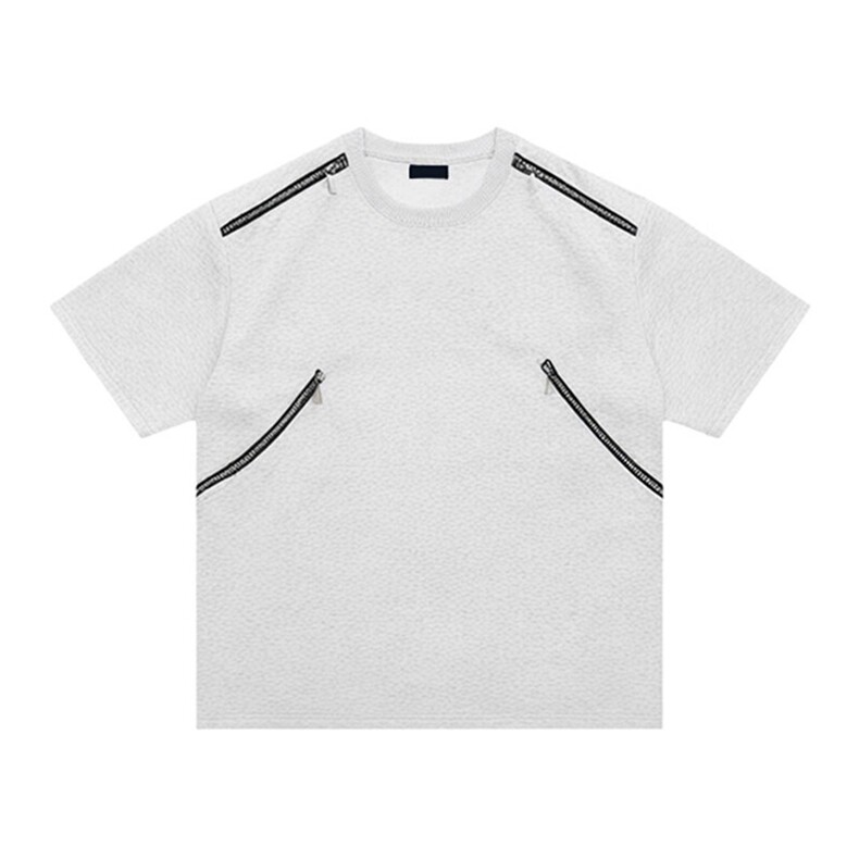 高品质二开240克宽松纯棉美式高街痞帅机车金属多拉链短袖T恤,男装T恤,电商A486-1