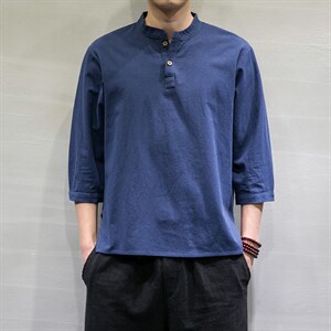 春夏风宽松大码棉麻七分短袖男汉服t恤DSA008/T064/P45图片
