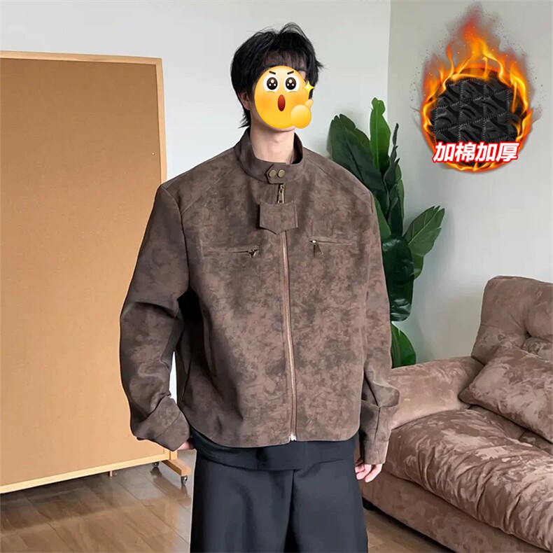 美拉德棕色短款皮衣外套男款春秋美式复古cleanfit立领夹克高级感，男装皮衣，电商A001