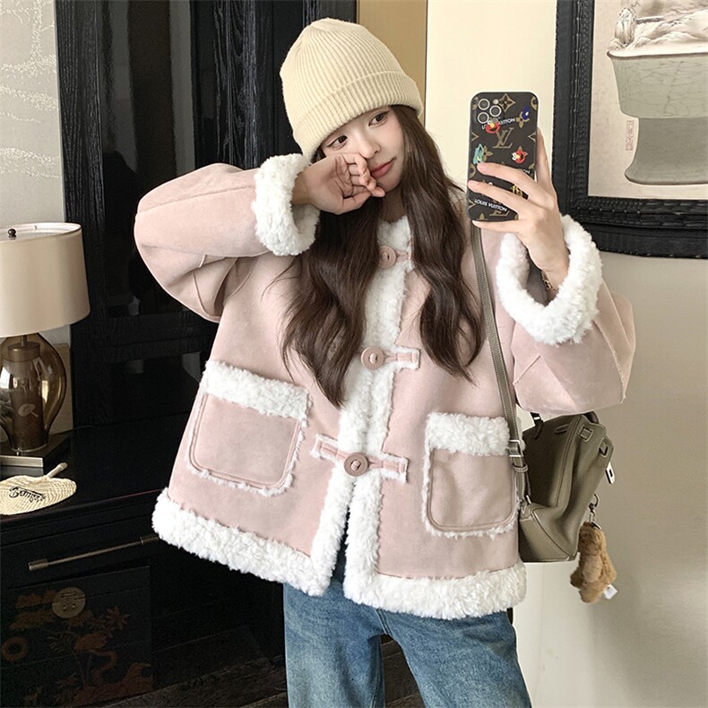 粉色皮毛一体羊羔毛短外套女2024秋冬新款小个子立领加厚保暖棉服,女装短外套,浙宝295A