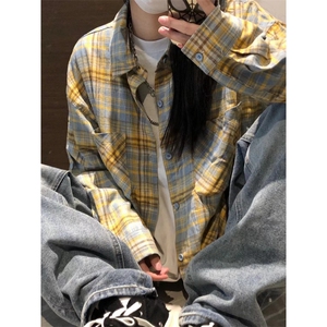 现货 黄蓝格子长袖衬衫男美式格纹衬衣小众设计情侣外套K342-P45图片