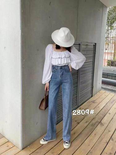 现货2021春弹力休闲直筒牛仔裤S一XL，女装牛仔裤，简 影