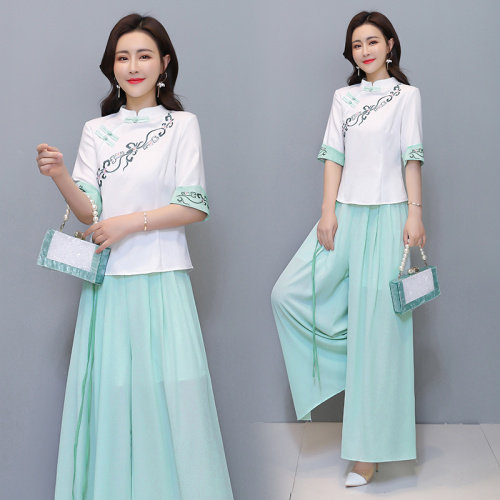 芷墨原创时尚飘逸上衣阔腿裤两件套装茶服，商品下架区，芷墨服饰