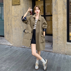 卡其风衣外套女2025秋显瘦韩式小个子垂感中长款翻领通勤复古大衣，女装风衣，2C029