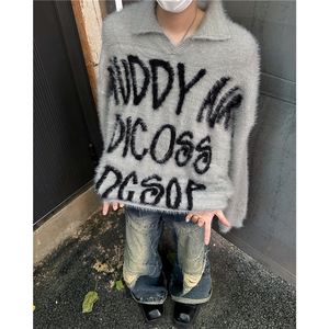 美式黑红撞色仿貂毛字母毛衣男女宽松慵懒针织衫情侣上衣 MY9539图片