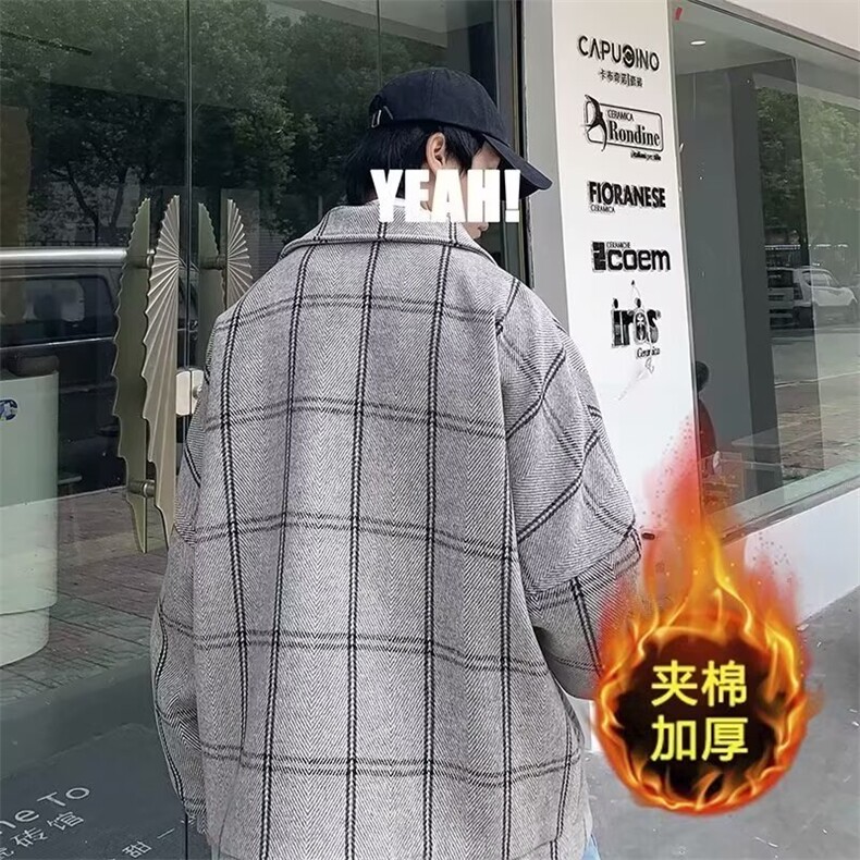 秋冬款加厚呢大衣格子毛呢外套男潮牌痞帅宽松休闲夹棉夹克,男装夹克,星座410-6（原星座1304-1）