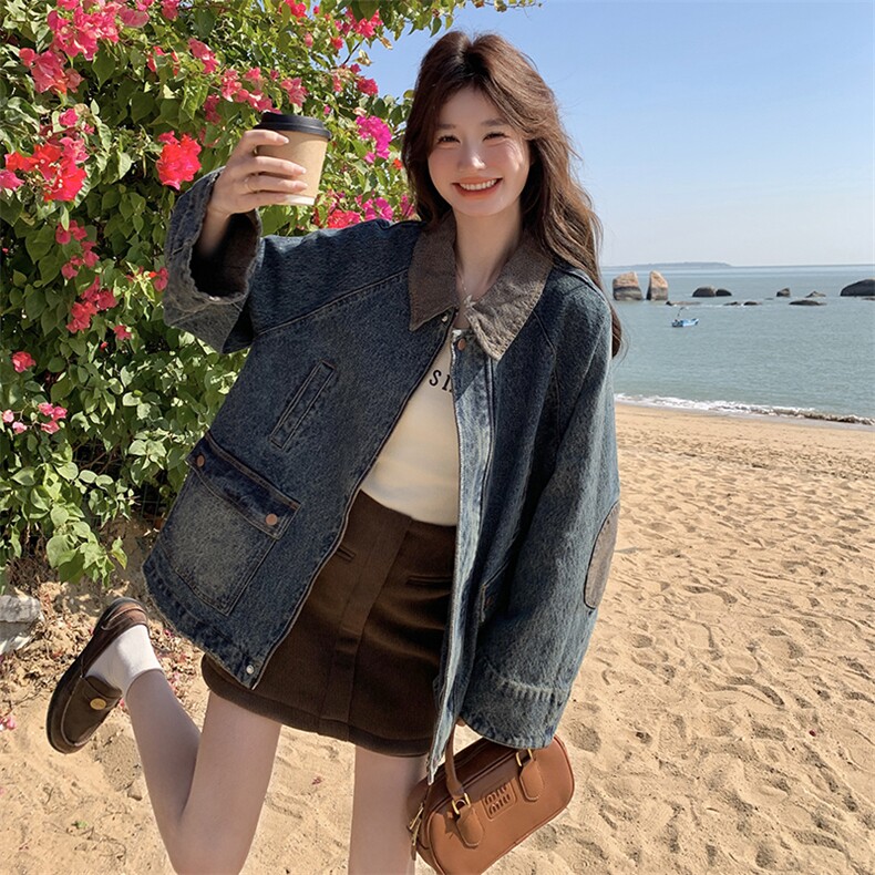 蓝色复古撞色拼接牛仔外套女2025春秋新款设计感炸街翻领夹克上衣,女装短外套,含赞