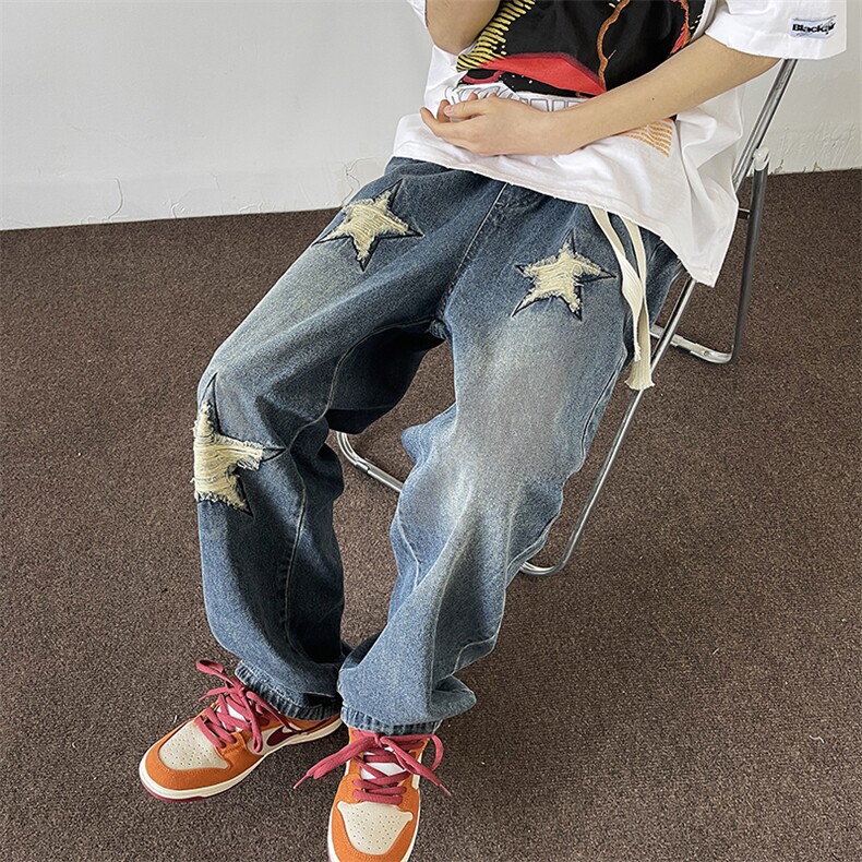 2025春夏新款破洞五角星宽松牛仔裤A316-1-K1215P68控88,男装牛仔裤,星座906（原电商a316-1）