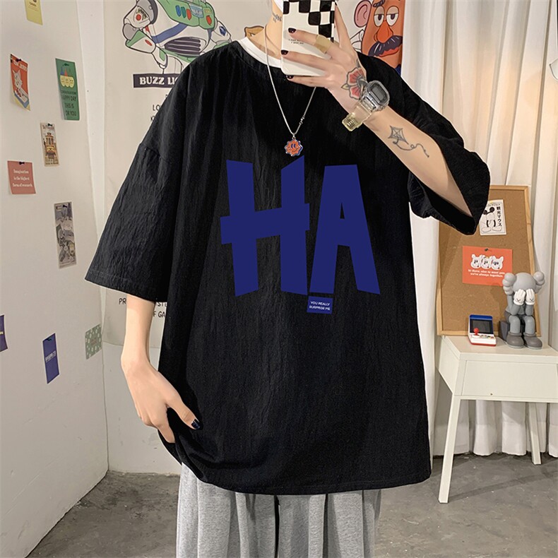 YT26258-P30亚麻短袖t恤男大码五分袖男宽松七分袖海报风,男装T恤,电商A040
