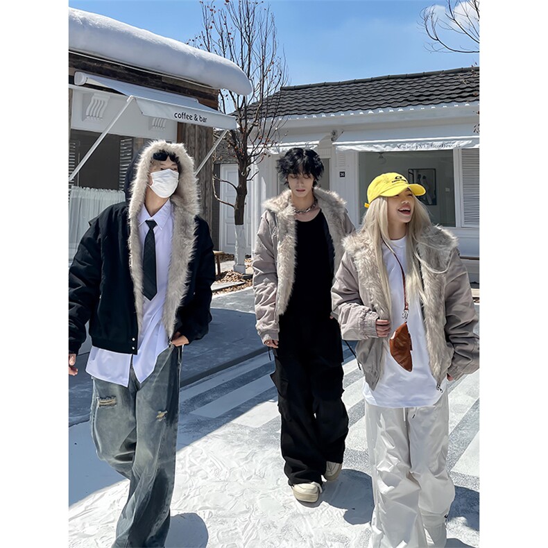 现货高品质美式高街冬季重磅硬挺短款座山雕毛领棉衣男女加厚外套,男装棉衣,电商A443