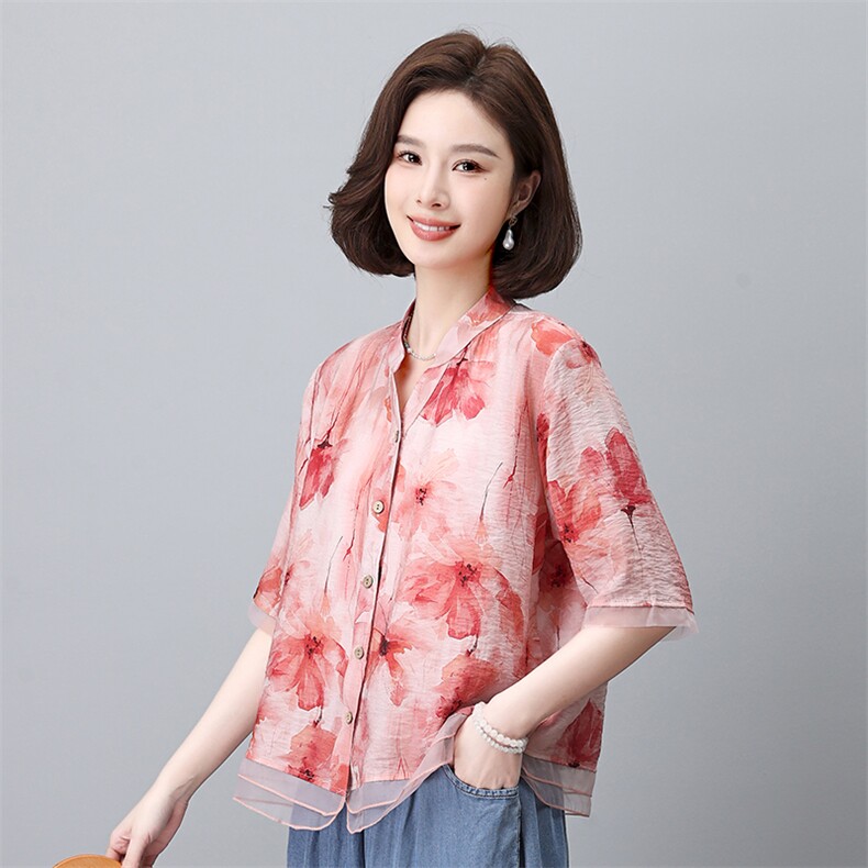 叶笙衣夏季新款女装宽松显瘦印花短袖衬衫上衣时尚百搭休闲衬衣,女装衬衫,叶笙衣