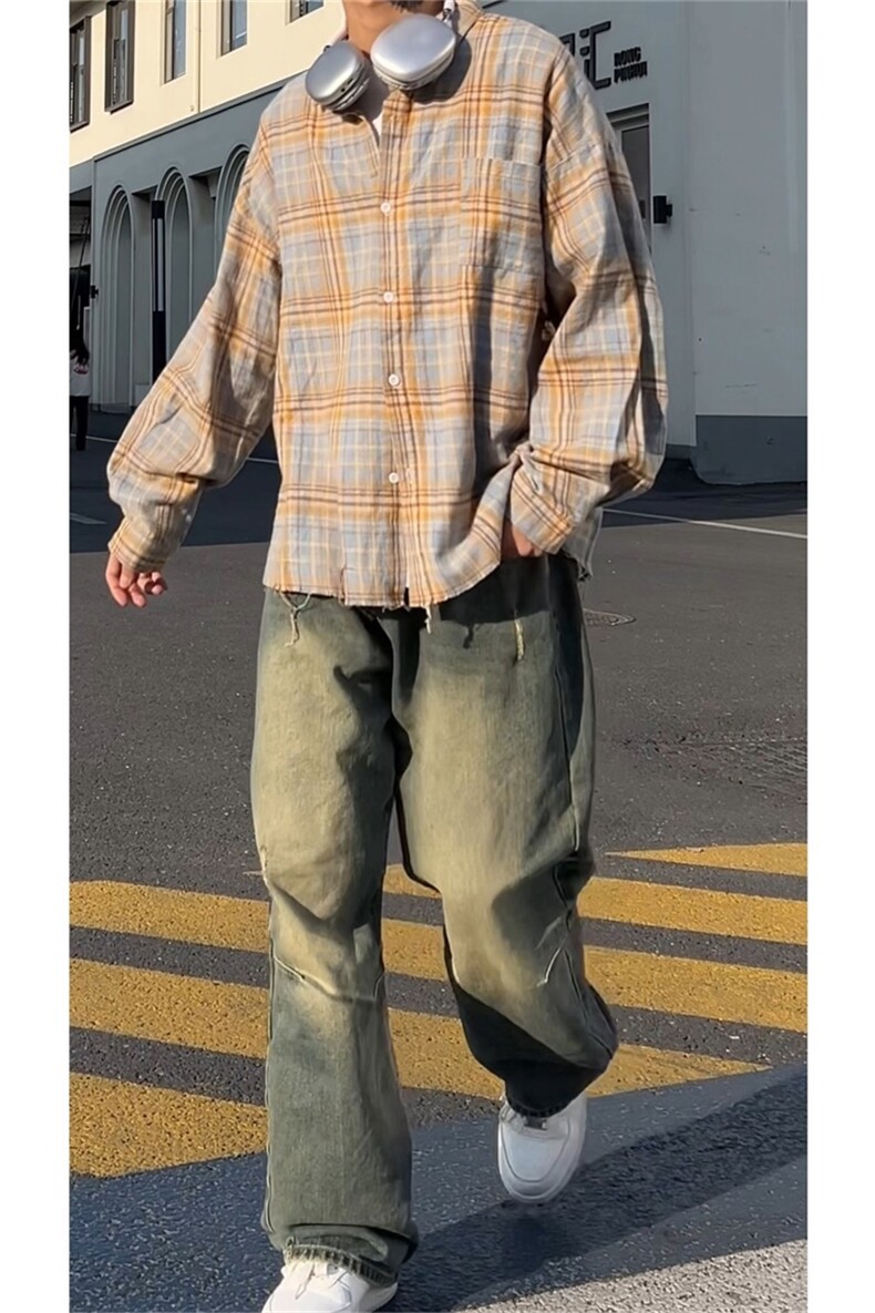 格子衬衫流苏下摆设计小众百搭美式外搭A061-AC00378-P60,男装衬衫,电商A061
