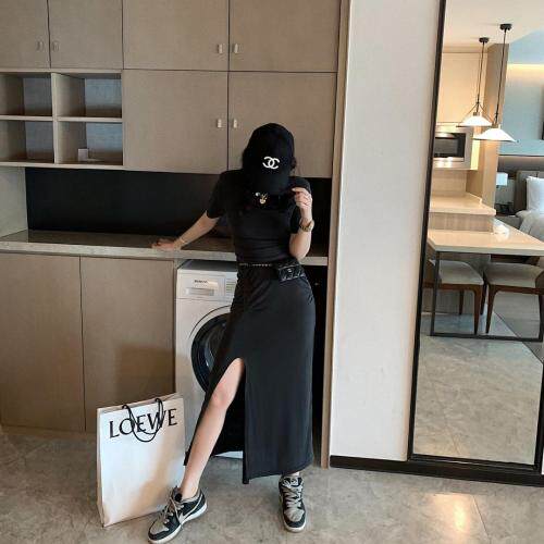 褶皱铜氨开叉裙，女装，XTZ style