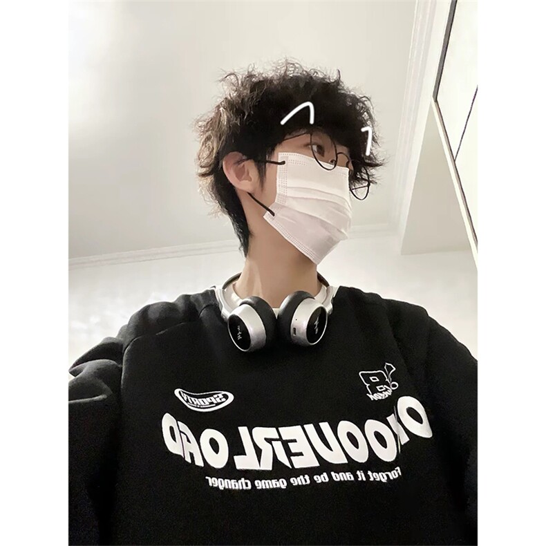 抖音得物品质支持退换480克宽松全棉加绒三条杠印花卫衣A0504,男装卫衣,电商A443