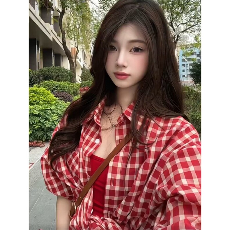 TC610-P45复古甜格红色休闲格子衬衫防晒女韩系宽松中长款衬衣图片