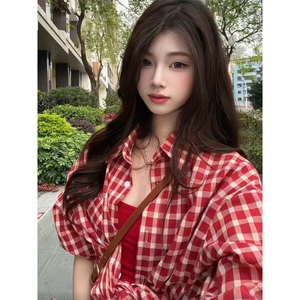TC610-P45复古甜格红色休闲格子衬衫防晒女韩系宽松中长款衬衣图片