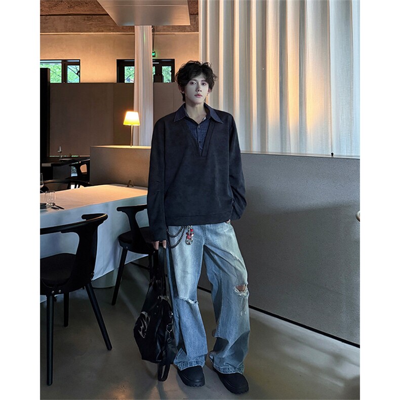 秋冬氛围感高街假两件卫衣经典格子假两件卫衣秋冬流行单品P55,男装卫衣,电商B319