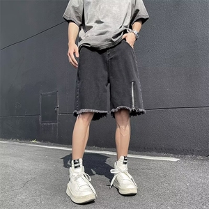 夏季薄款拉链短裤美式高街港风潮牌宽松毛边直筒百搭休闲短裤图片