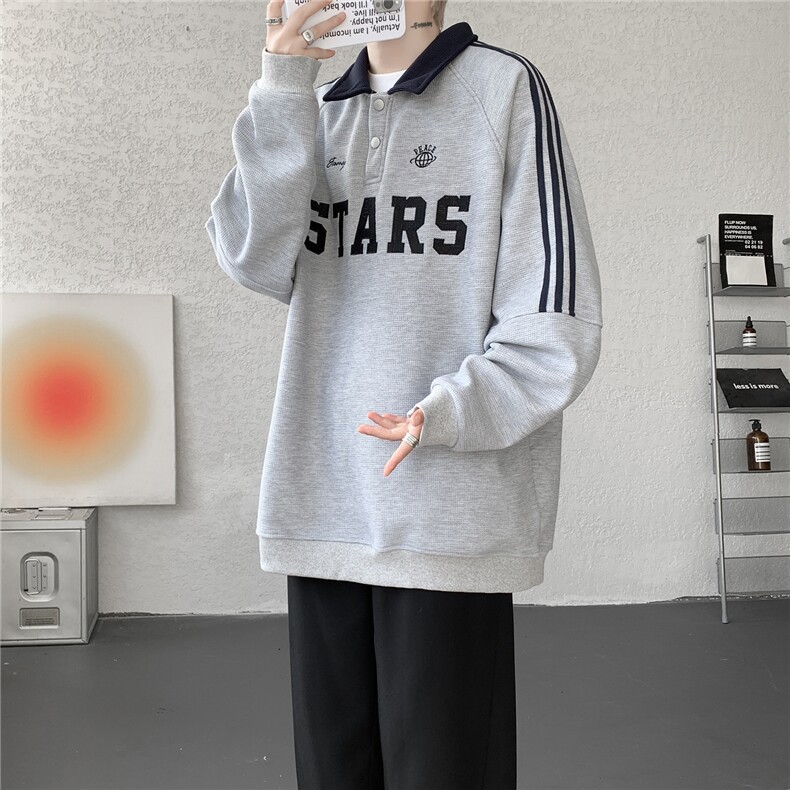 美式复古Polo领卫衣大码秋季重磅刺绣条纹上衣撞色外套WY5113/P65,女装短外套,电商B238
