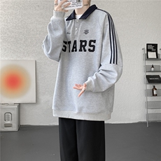 美式复古Polo领卫衣大码秋季重磅刺绣条纹上衣撞色外套WY5113/P65，女装短外套，电商B238