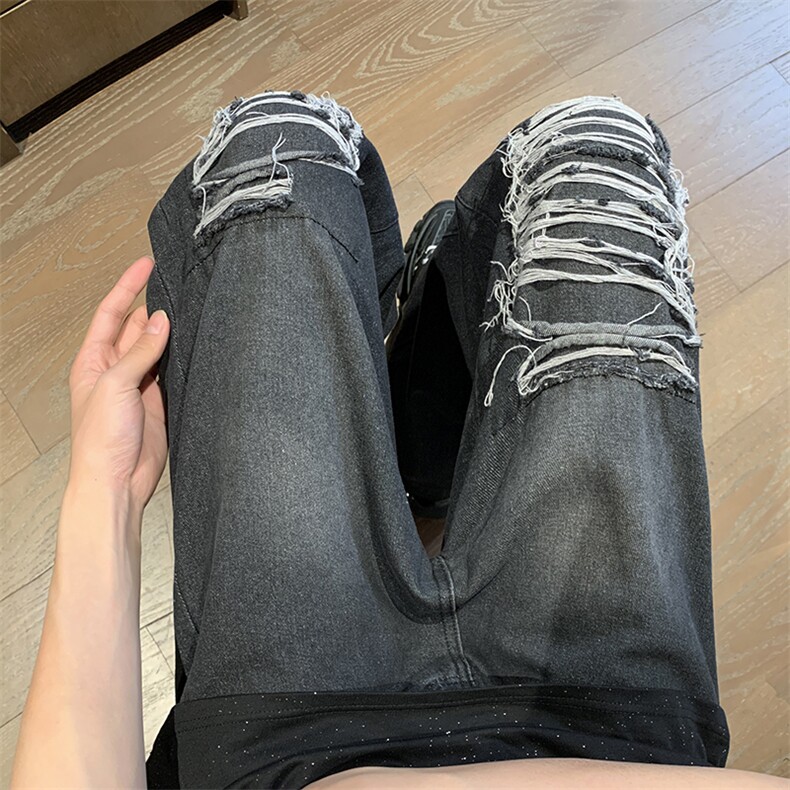 美式街头贴布破洞牛仔裤男设计感小众牛仔裤潮宽松阔腿裤XN09-P45,男装牛仔裤,星座1001-1