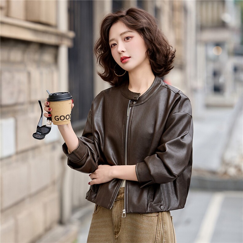2026春装新款休闲时尚皮衣小外套机车服女装,女装皮衣,1C078