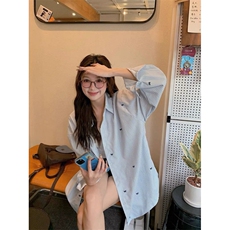 TC510-P45条纹蝴蝶结刺绣长袖衬衫女中长款衬衣，男装衬衫，星座617A-2