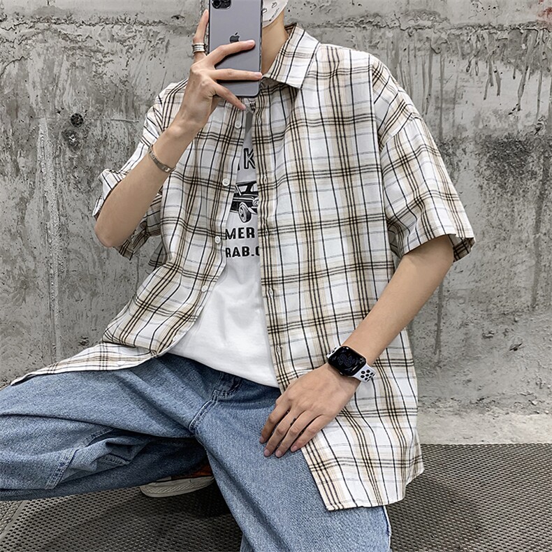 21年夏季短袖衬衫男宽松落肩港风格子衬衫男DS-C407-CS309-P35，男装衬衫，电商C323-1