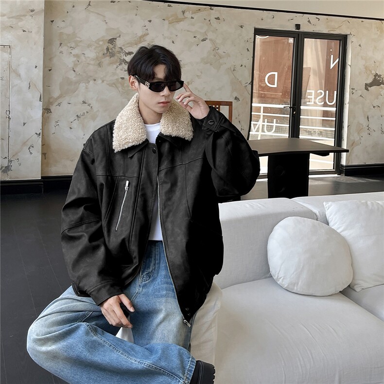 复古做旧可脱卸羊羔毛领大码M-5XL面层PU皮棉衣男77933P138，男装棉衣，星座227-7