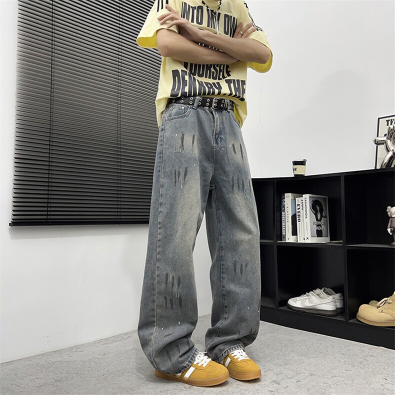 美式复古街头男款宽松做旧喷墨潮流阔腿直筒牛仔拖地裤NK0113-P47,男装牛仔裤,星座308B-1