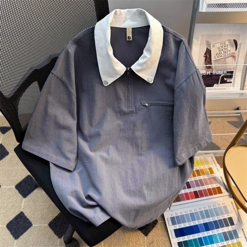 夏季青少年潮流翻领短袖t恤休闲polo衫港风宽松百搭情侣套头上衣,男装Polo衫,星座601-1