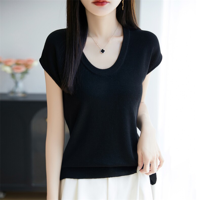 通勤百搭舒适柔软精纺羊毛小飞袖U领短袖女短款针织纯色宽松T恤,女装T恤,大美人包芯纱店