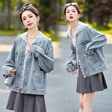 蕾丝拼接连帽牛仔外套女2025早春新款韩版设计感宽松百搭爆款上衣，女装短外套，韩然一族