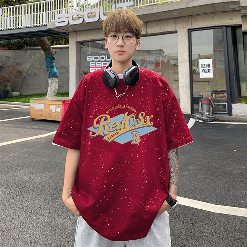 可48小时发货支持抖音得物来样二开美式满天星亮片短袖T恤MTX646,男装T恤,电商A486