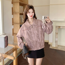 新款有货粉色木耳边皮衣外套5524P165K268，女装皮衣，2C176