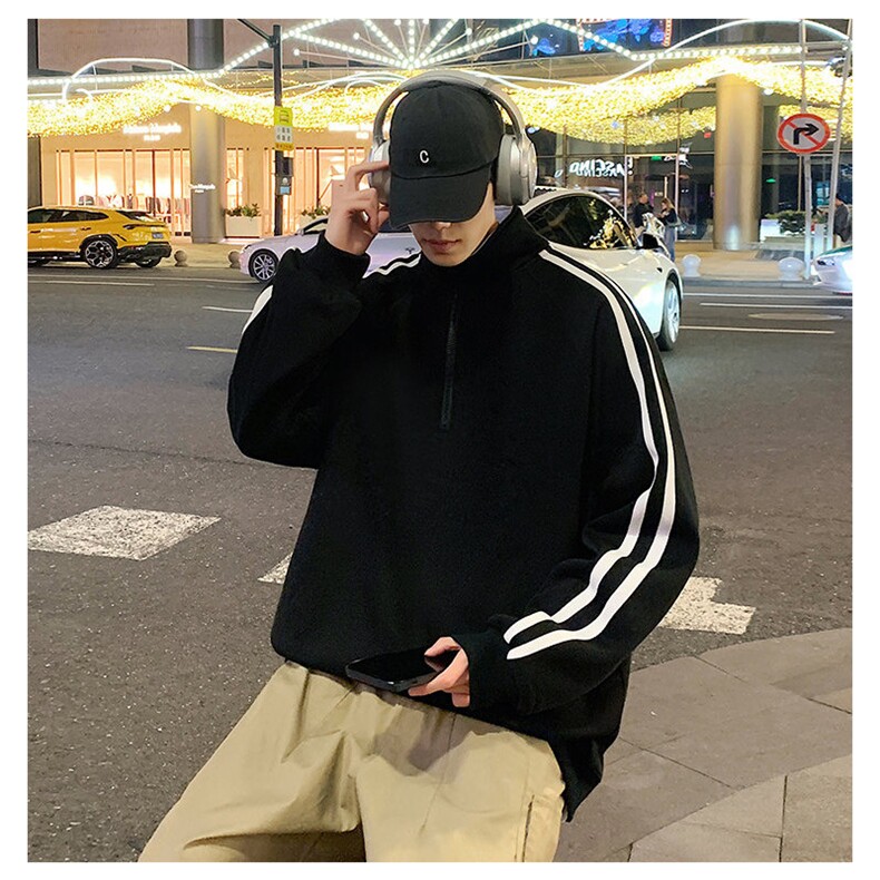 秋季380克全棉宽松条纹拉链套头卫衣立领POLO衫外套AH914-P42,男装Polo衫,四季星座610B