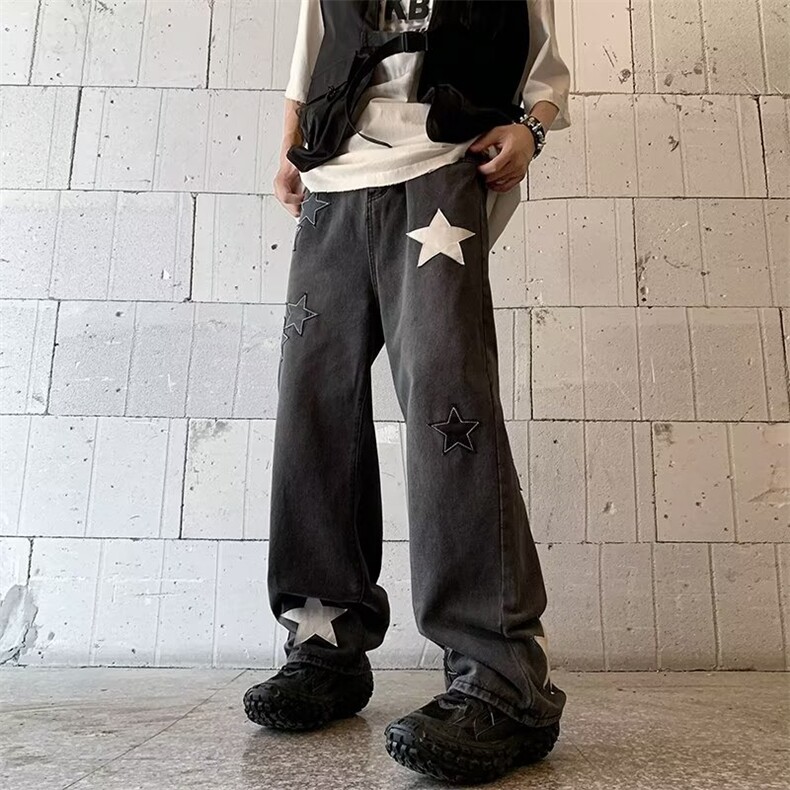 美式高街牛仔裤男韩版潮流五角星个性2023夏季ins长裤RK700-P46,男装牛仔裤,星座412-3