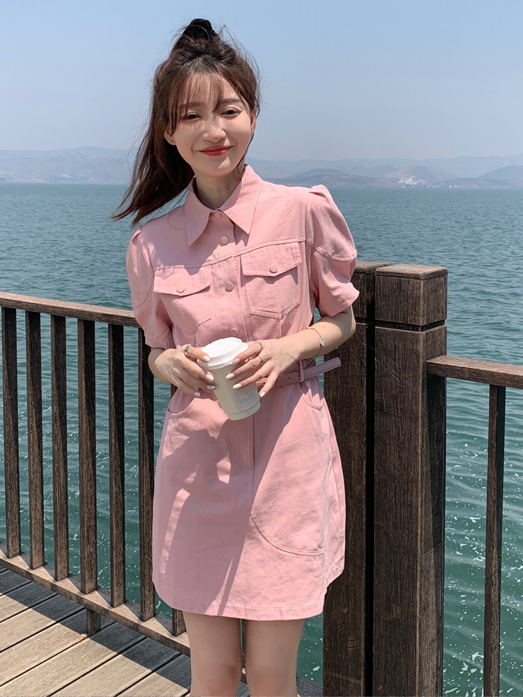 时尚粉色短款工装连衣裙收腰显瘦小个子甜美减龄气质洋气短裙女夏,女装连衣裙,浙宝192（原082）