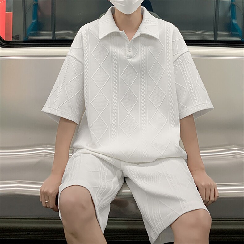 特批P45无差价夏季麦穗纹亨利领男短袖短裤两件套T5114+DK5184,男装休闲套装,电商A001