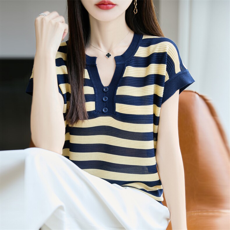 条纹冰丝V领针织短袖女2025新款夏季超好看小飞袖薄款针织衫上衣,针织衫/毛衣,源达羊绒