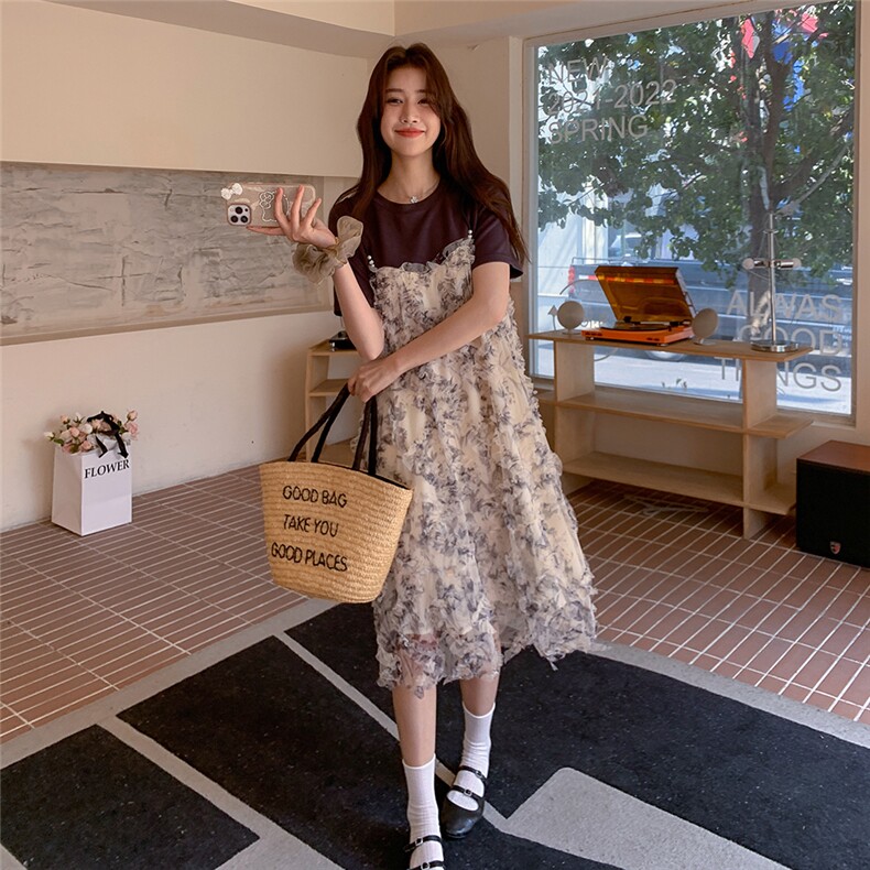 大版可穿200斤拼接假两件短袖连衣A字裙2C275-5522-P135-K228，女装连衣裙，2C275