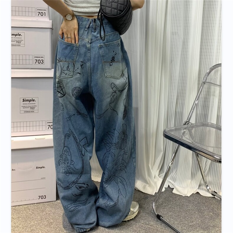 欧美街涂鸦阔腿牛仔裤男女宽松oversize古着感休闲长裤RK831-P45,男装牛仔裤,星座412-3