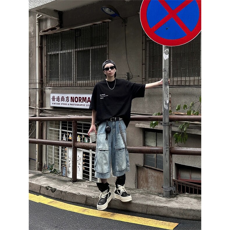 现货~美式高街工装牛仔短裤男复古宽松直筒中裤七分裤A3125-特P45图片