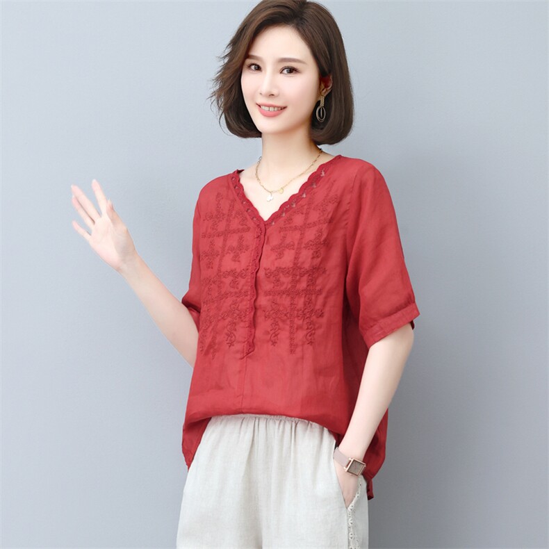 新款2026年夏季纯100苎麻刺绣上衣女中老年妈装妈妈装五分袖T恤衫,女装T恤,璐依舞