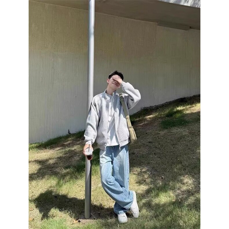 流行美式复古立领开衫拉链卫衣男春秋款灰色宽松休闲外套潮流简约,女装短外套,星座506A