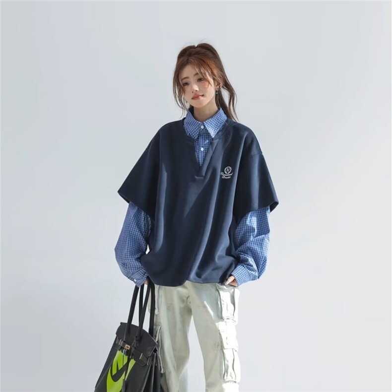 2026新款复古学院风假两件衬衫男女春季潮牌宽松情侣长袖卫衣外套,男装衬衫,星座715-4
