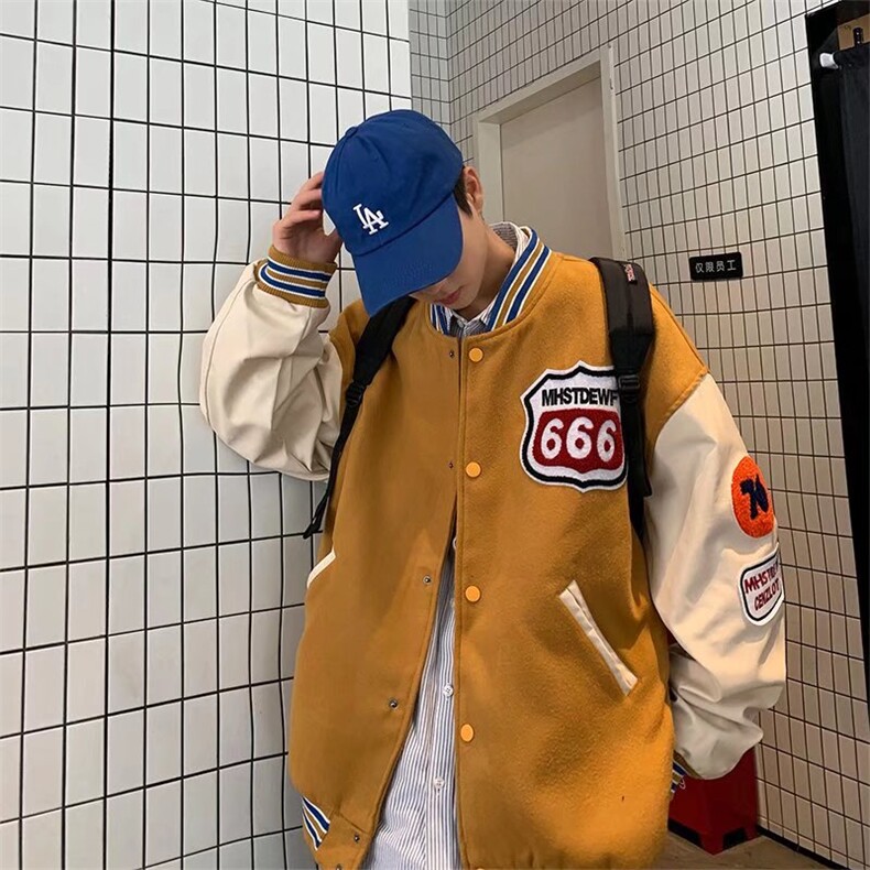 男夹克青少年立领毛呢拼皮袖子棒球服外套W124P50,男装夹克,星座1116-2