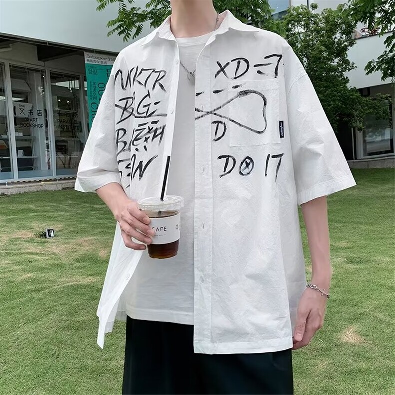 衬衫男韩版潮流短袖涂鸦帅气2026夏季新款ins宽松外套CY294-P38,男装T恤,星座412